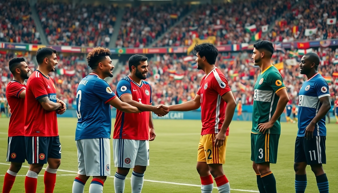 전 세계가 함께 즐기는 축구 축제를 상징하는, 다양한 국가의 선수들이 서로 존중을 표하는 모습