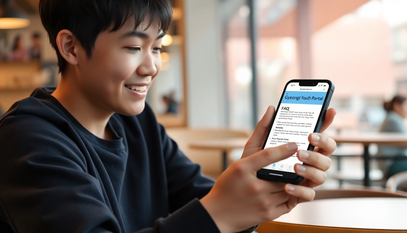카페에 앉아 스마트폰으로 경기청년포털 FAQ를 보며 궁금증을 해결하는 청년