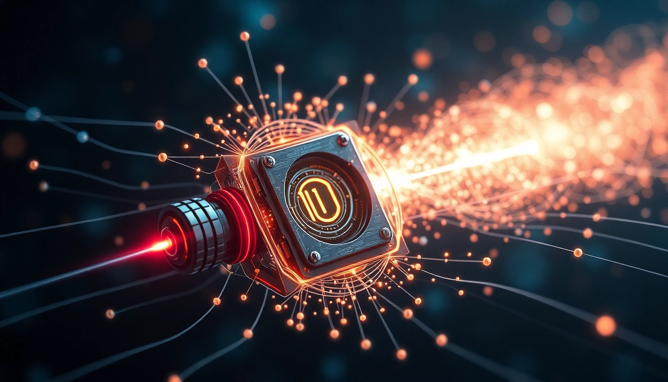 양자 중첩과 얽힘 현상을 시각화한 첨단 양자 센서 장치 이미지