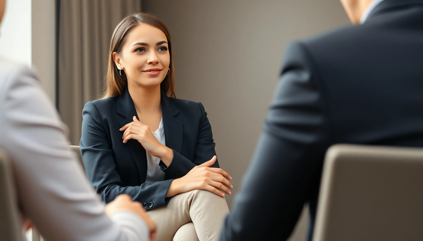 면접 중 바른 자세와 정중한 태도로 앉아 자신감 있게 면접관과 눈을 맞추는 취준생