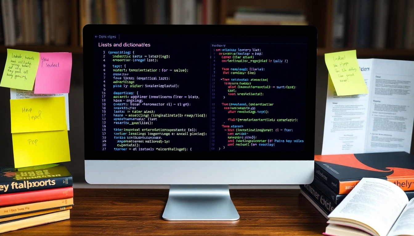 파이썬 리스트와 딕셔너리 자료구조를 비교하는 컴퓨터 화면과 책상 이미지
