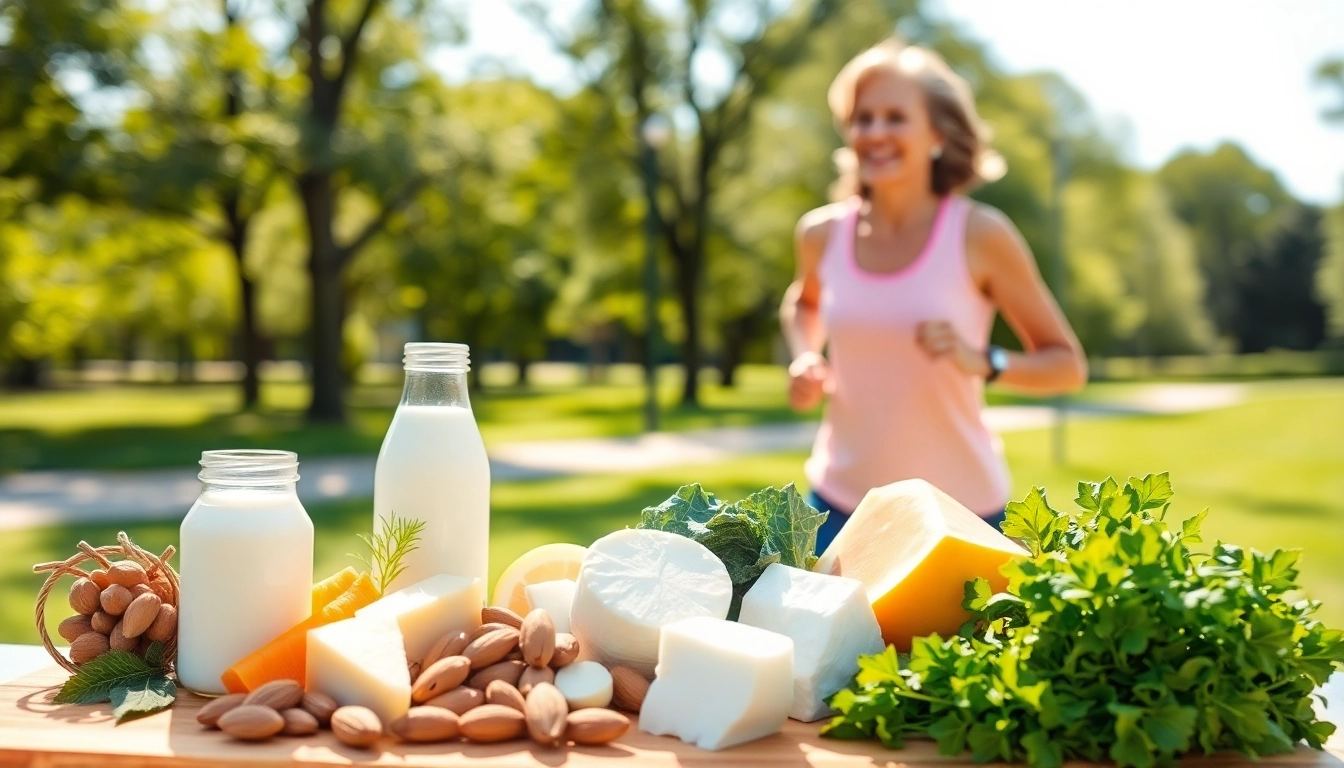 공원에서 운동하고 우유, 채소 등 뼈에 좋은 음식을 먹으며 골다공증을 예방하는 건강한 여성