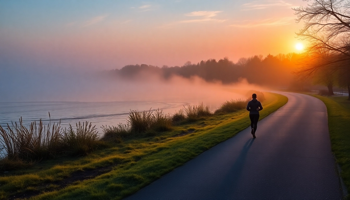 해가 뜨는 아침 강변을 따라 상쾌하게 달리기 운동을 하는 사람