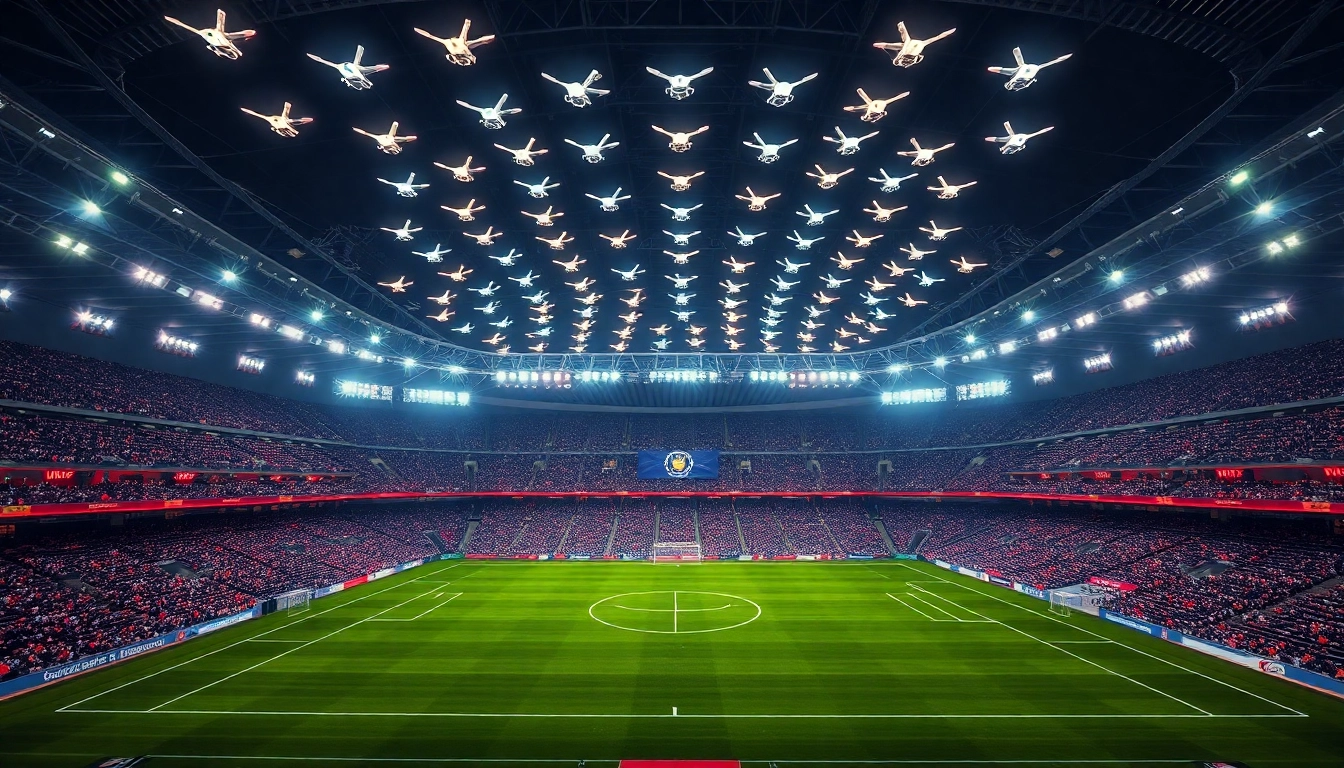 2026 북중미 월드컵의 시작을 알리는 거대하고 화려한 축구 경기장 전경