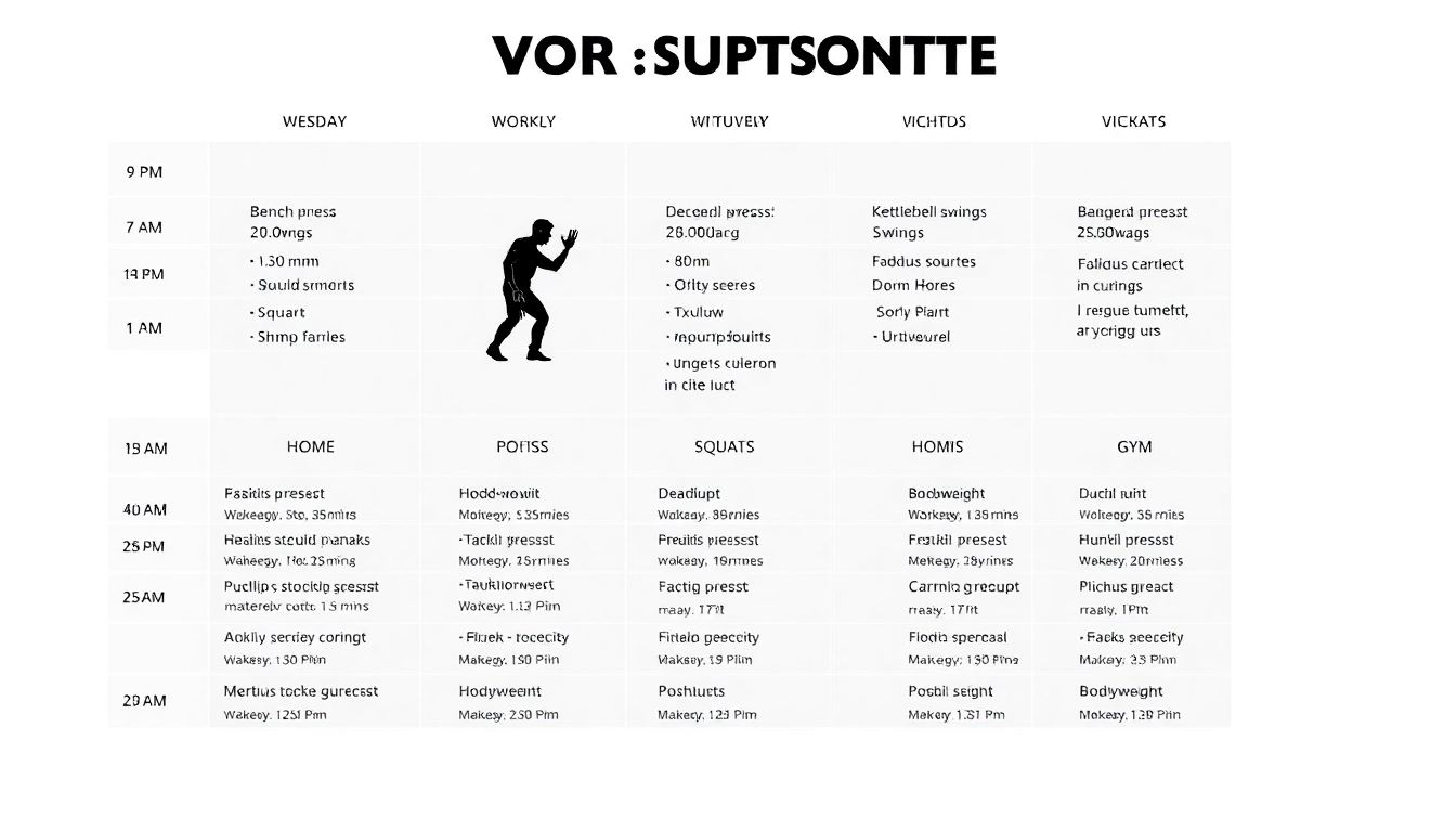 헬스장과 홈트레이닝 주간 운동 루틴 예시를 보여주는 일정표