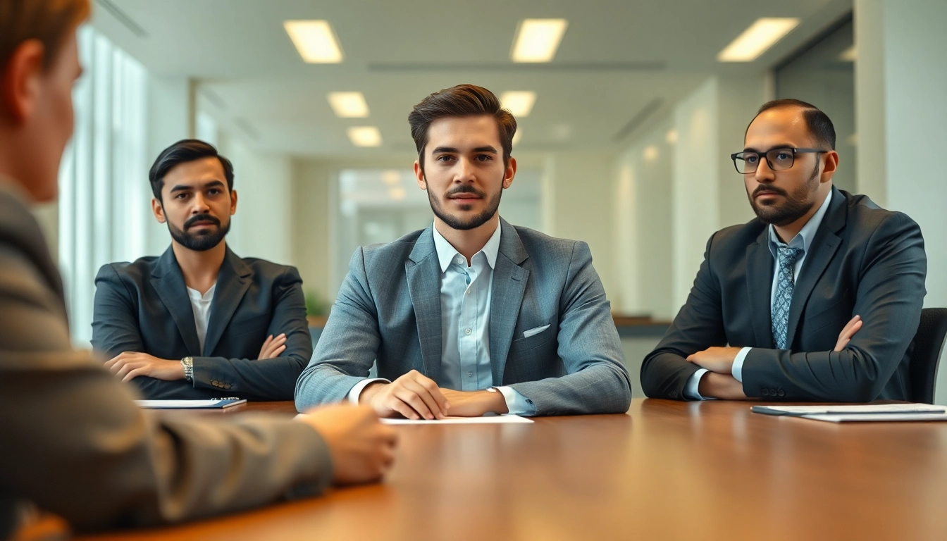 면접관들 앞에서 침착하고 자신감 있는 태도로 압박 면접에 대응하고 있는 지원자.