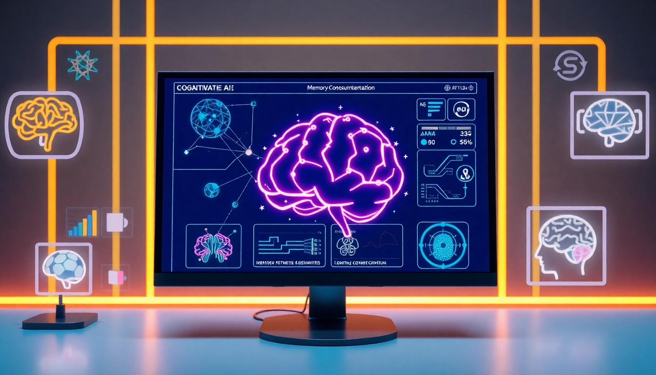 신경망 그래픽과 두뇌 상징, 컴퓨터 화면에 나타난 인지 게임 인터페이스를 보여주는 이미지