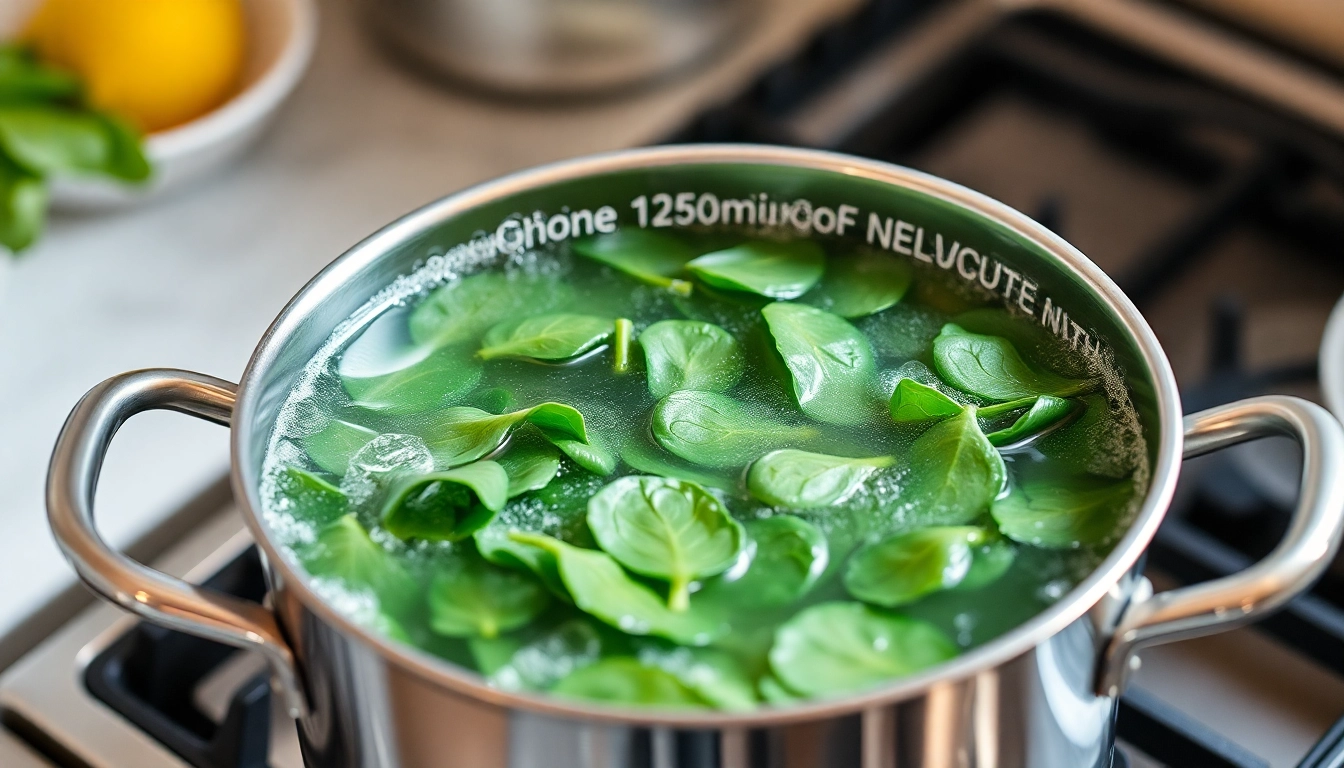 시금치를 1분 동안 데치는 장면의 고화질 사진