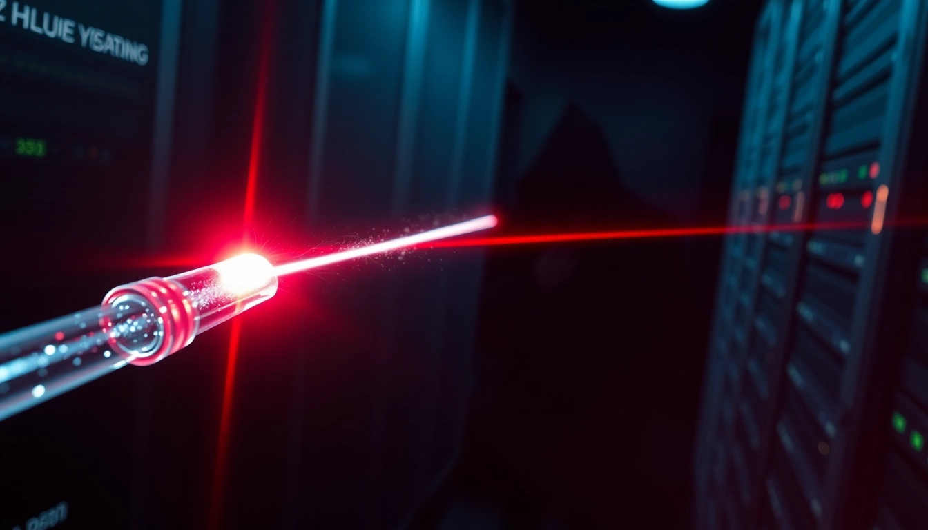 해킹 시도가 감지되자마자 양자 상태가 변하며 보안을 유지하는 양자 암호통신 원리를 나타내는 이미지.